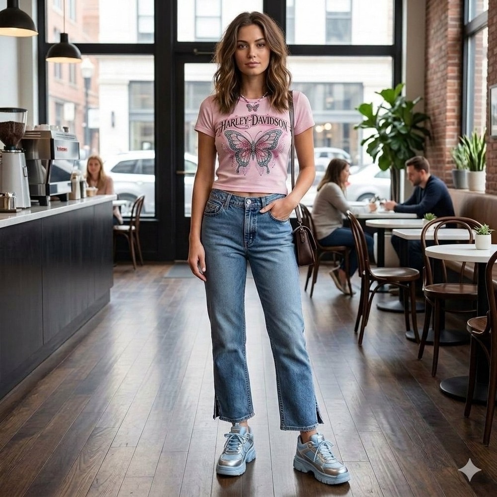Y2K Harley Davidson Womens Blue‎ Bootcut Capri Jeans Side Slit Hem Medium Wash 8